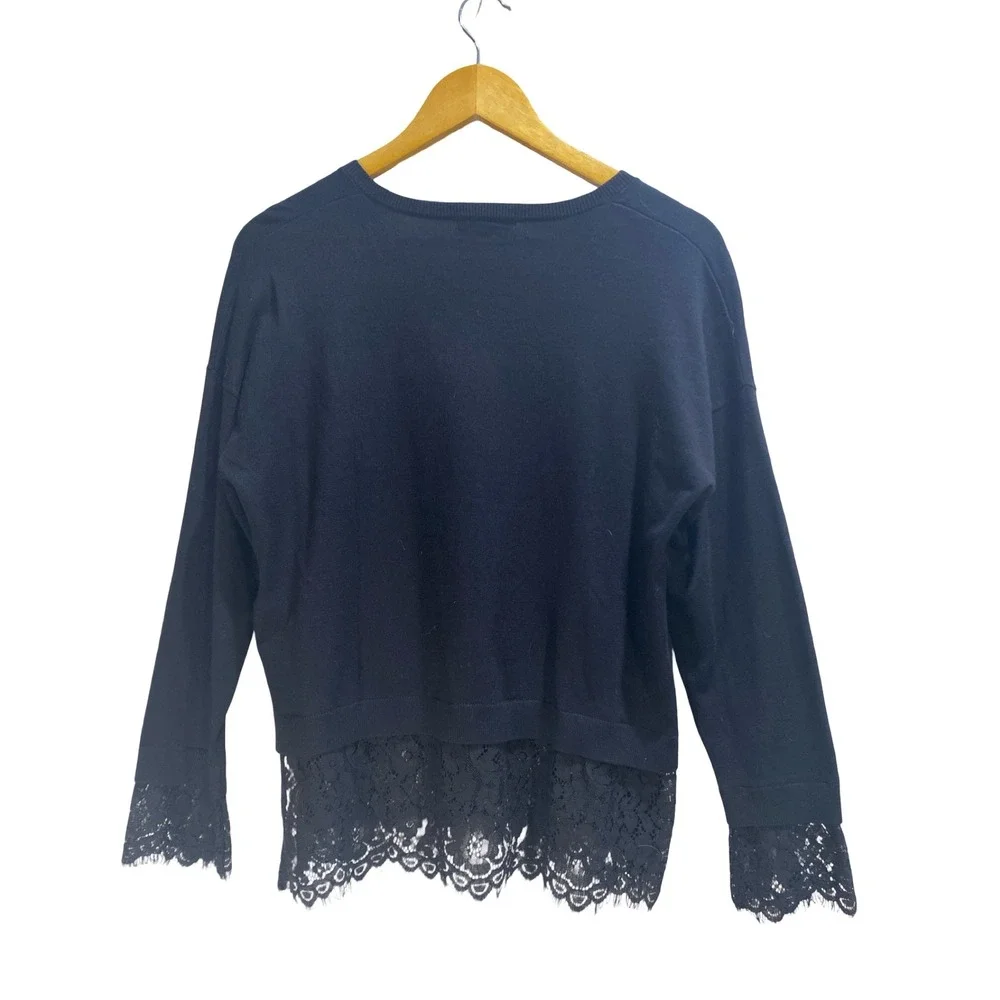 Adrianna Papell Black V-Neck Sweater with Lace Trim Size M Whimsigoth Witchy